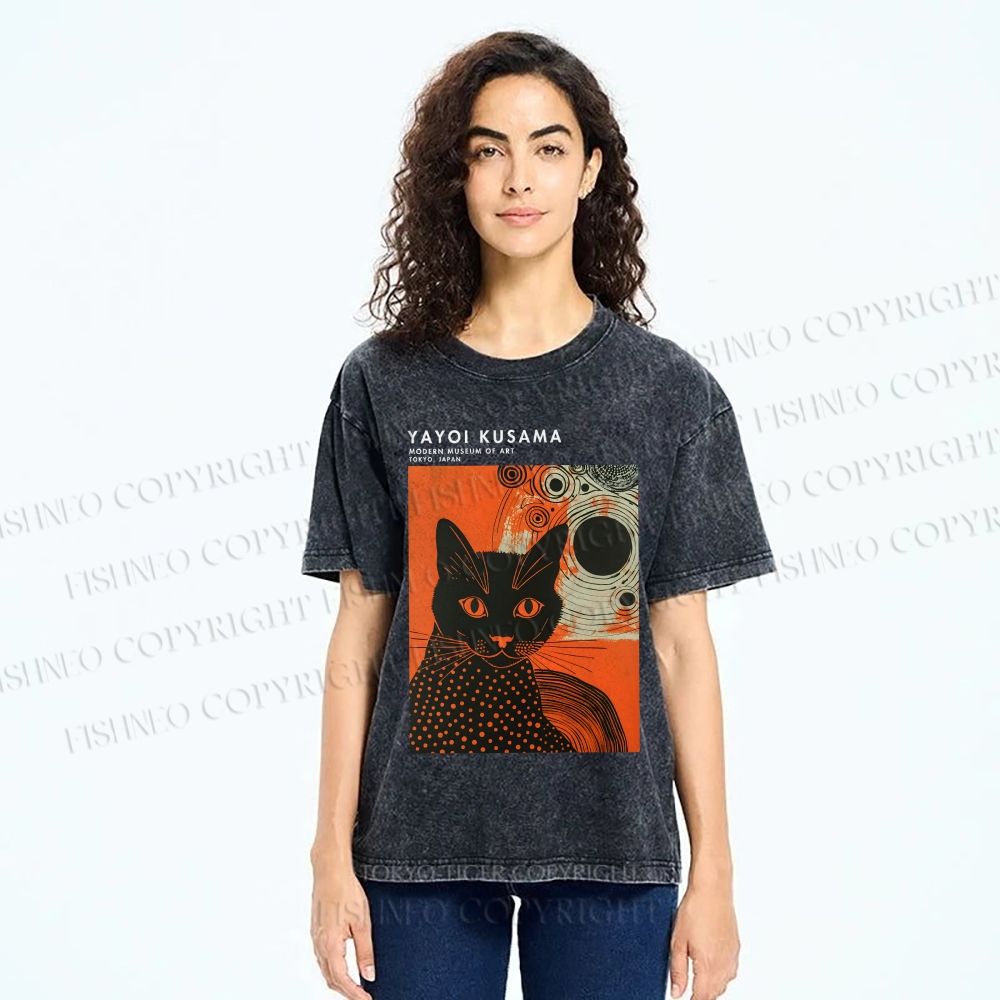 Unisex Yayoi Kusama Cat Printed Washed Tee