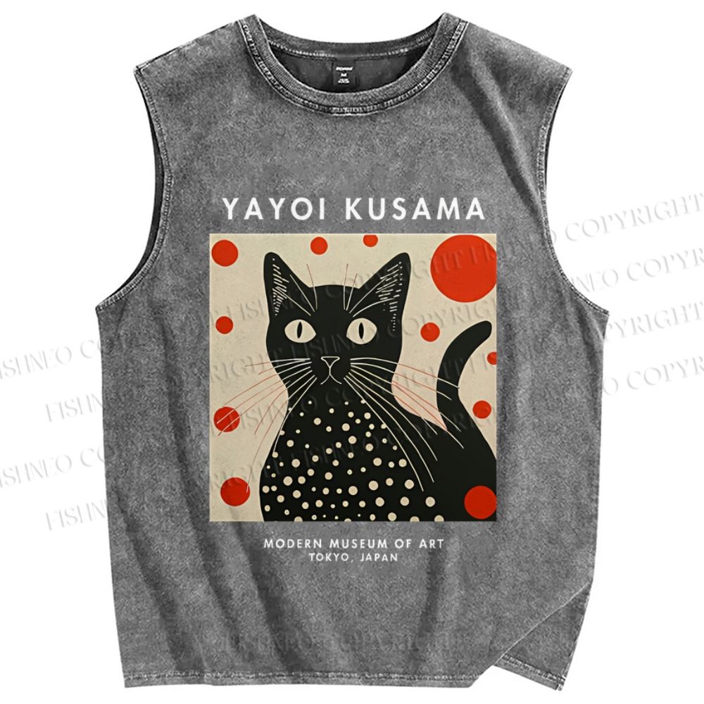 Unisex Yayoi Kusama Cat Printed Washed Tank Top