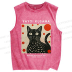 Unisex Yayoi Kusama Cat Printed Washed Tank Top