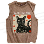 Unisex Yayoi Kusama Cat Printed Washed Tank Top
