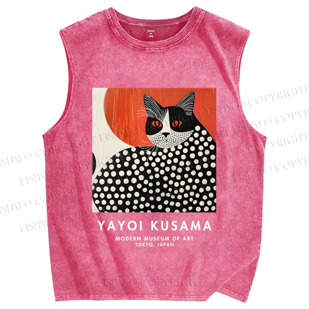 Unisex Yayoi Kusama Cat Printed Washed Tank Top