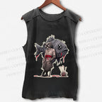 Unisex Vintage Fish Samurai Printed Washed Tank Top