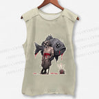 Unisex Vintage Fish Samurai Printed Washed Tank Top