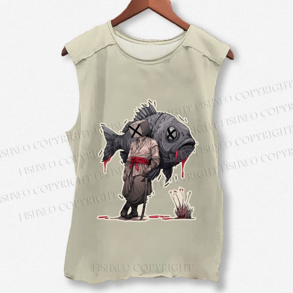 Unisex Vintage Fish Samurai Printed Washed Tank Top