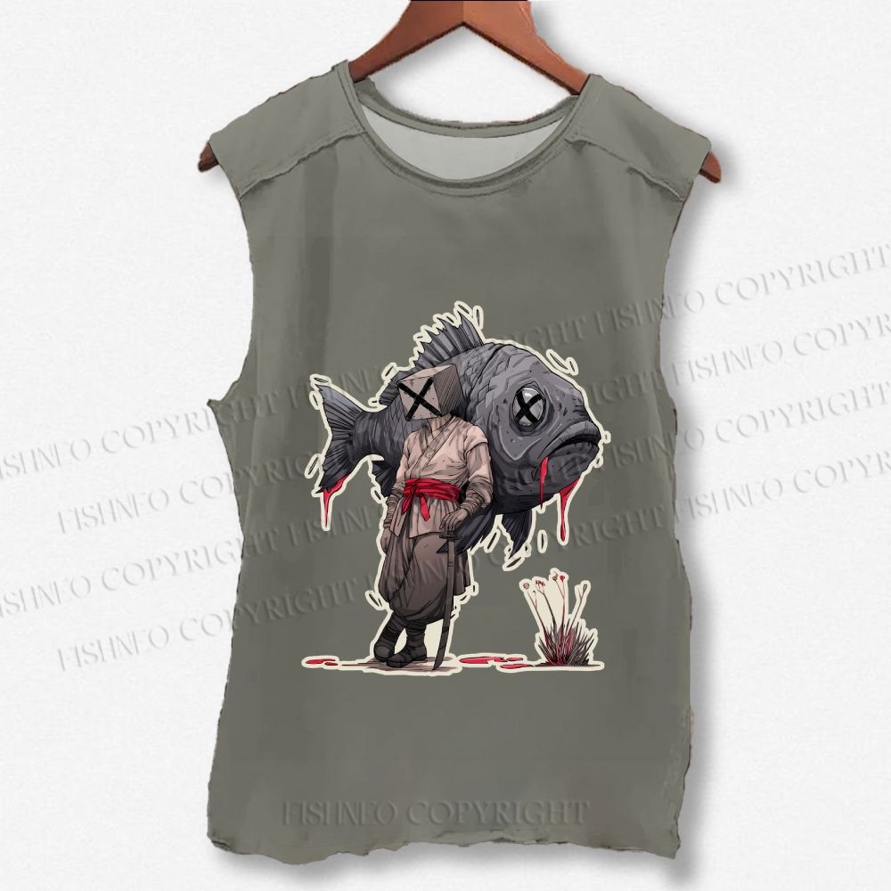 Unisex Vintage Fish Samurai Printed Washed Tank Top