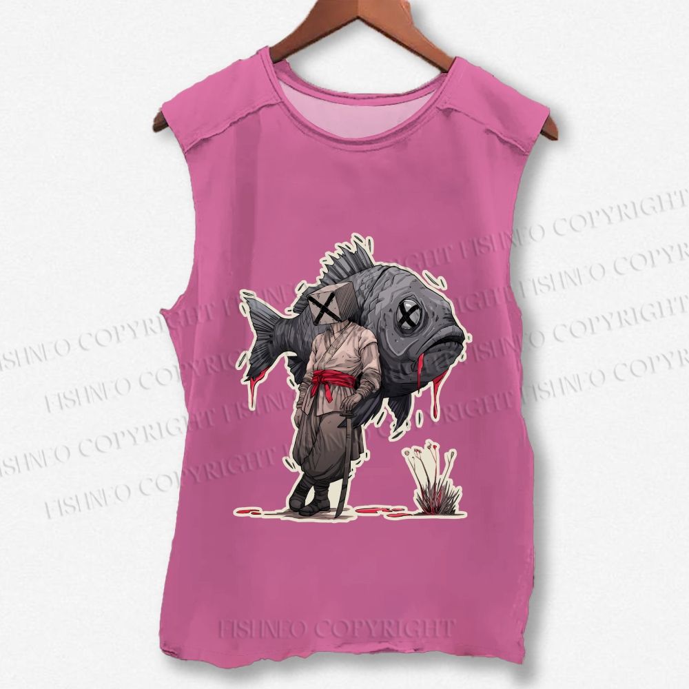 Unisex Vintage Fish Samurai Printed Washed Tank Top