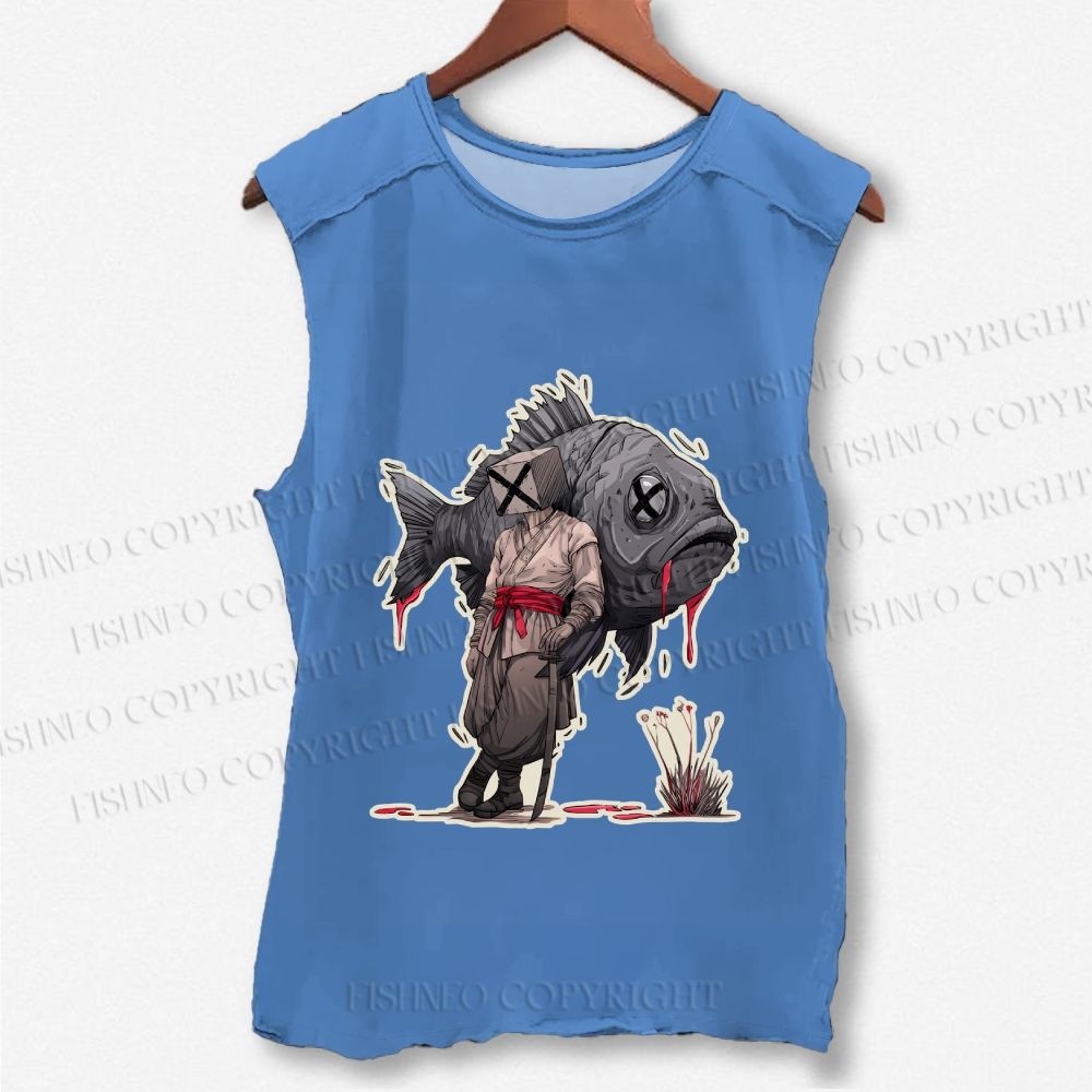 Unisex Vintage Fish Samurai Printed Washed Tank Top