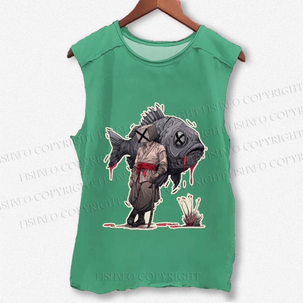 Unisex Vintage Fish Samurai Printed Washed Tank Top