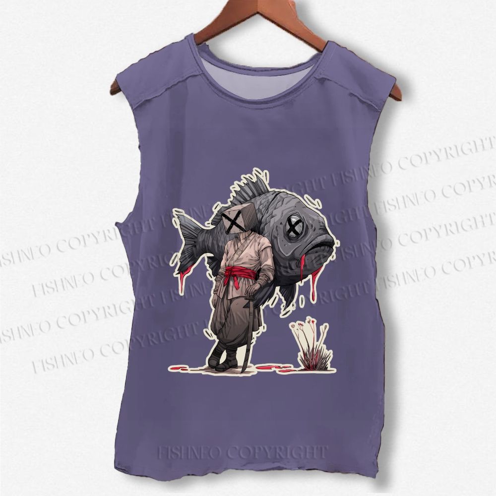 Unisex Vintage Fish Samurai Printed Washed Tank Top