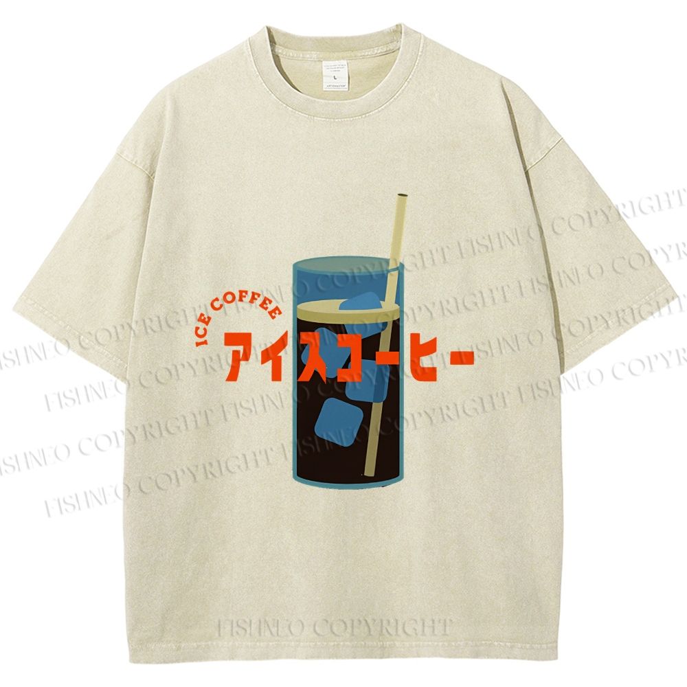 Unisex Japanese Ice Coffee Printed Washed Tee