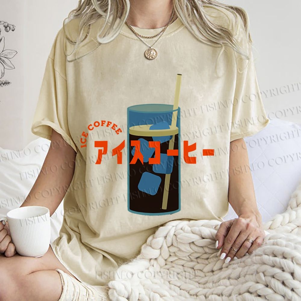 Unisex Japanese Ice Coffee Printed Washed Tee