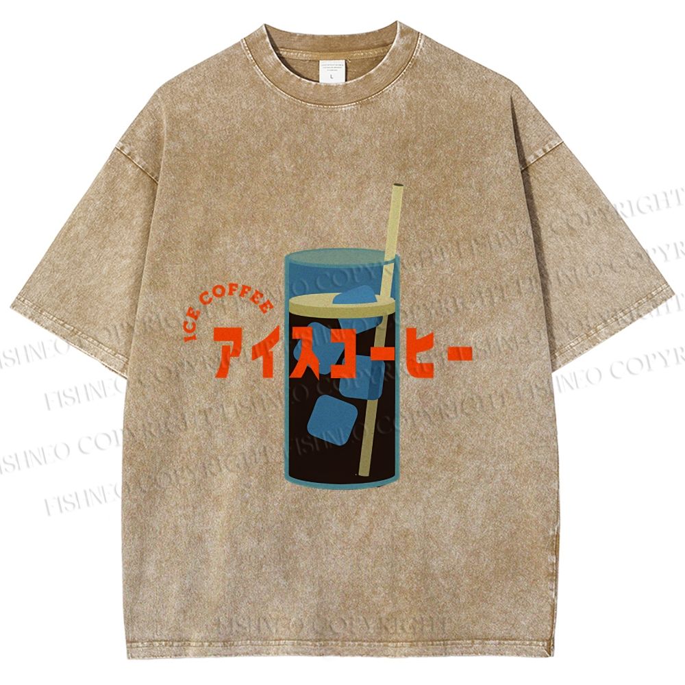 Unisex Japanese Ice Coffee Printed Washed Tee