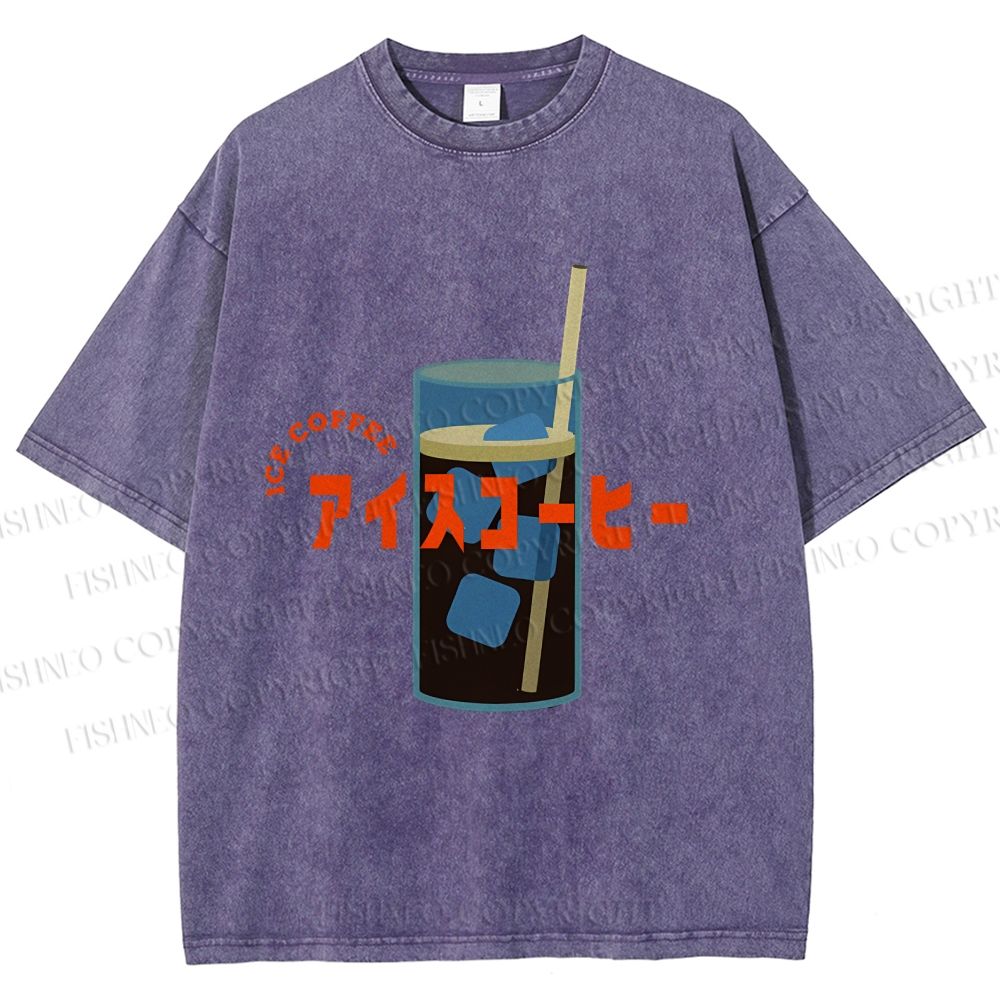 Unisex Japanese Ice Coffee Printed Washed Tee