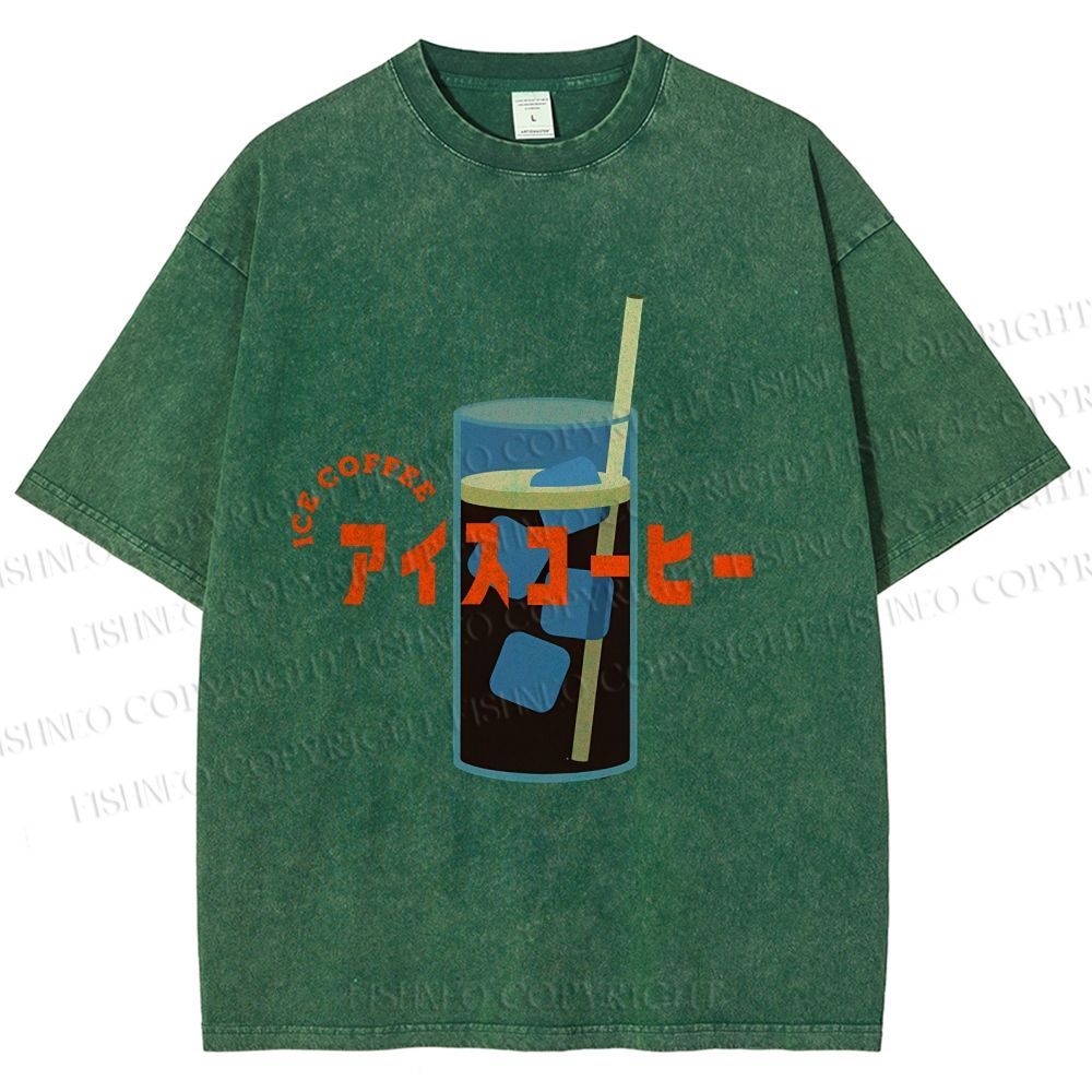 Unisex Japanese Ice Coffee Printed Washed Tee