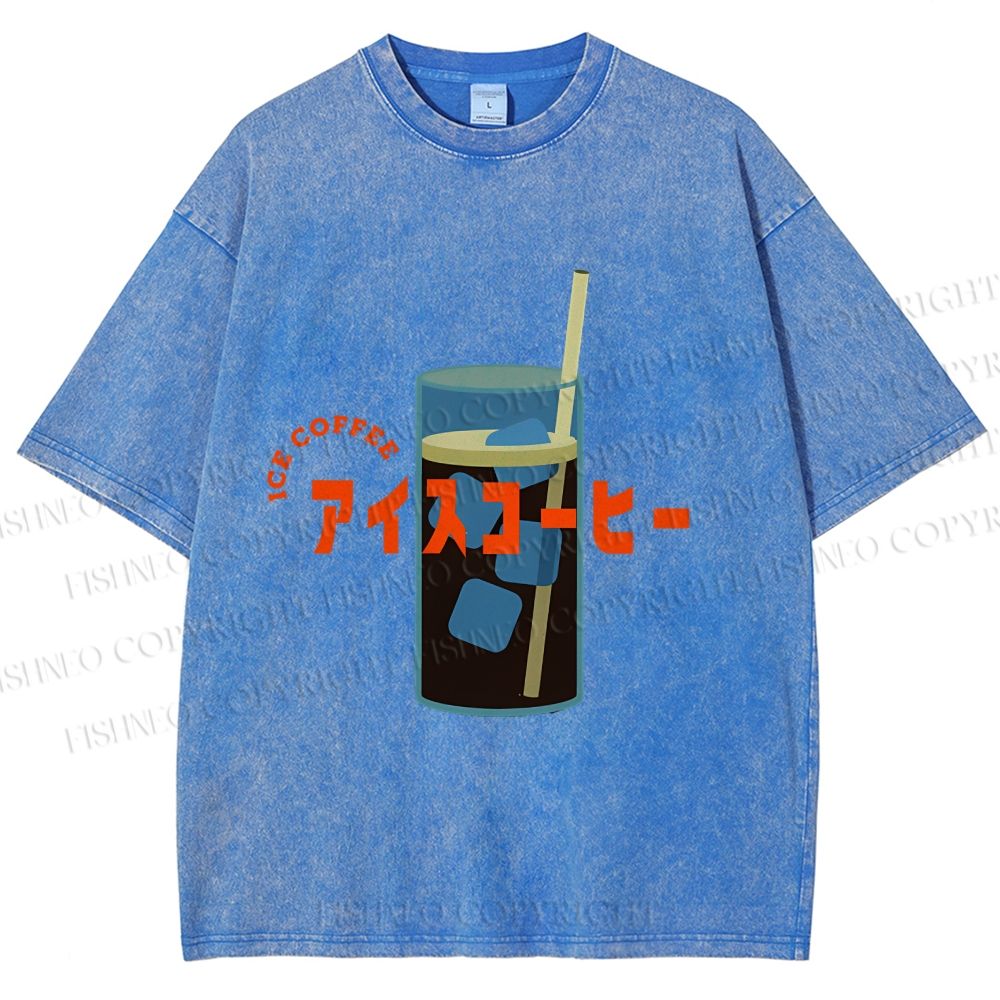 Unisex Japanese Ice Coffee Printed Washed Tee