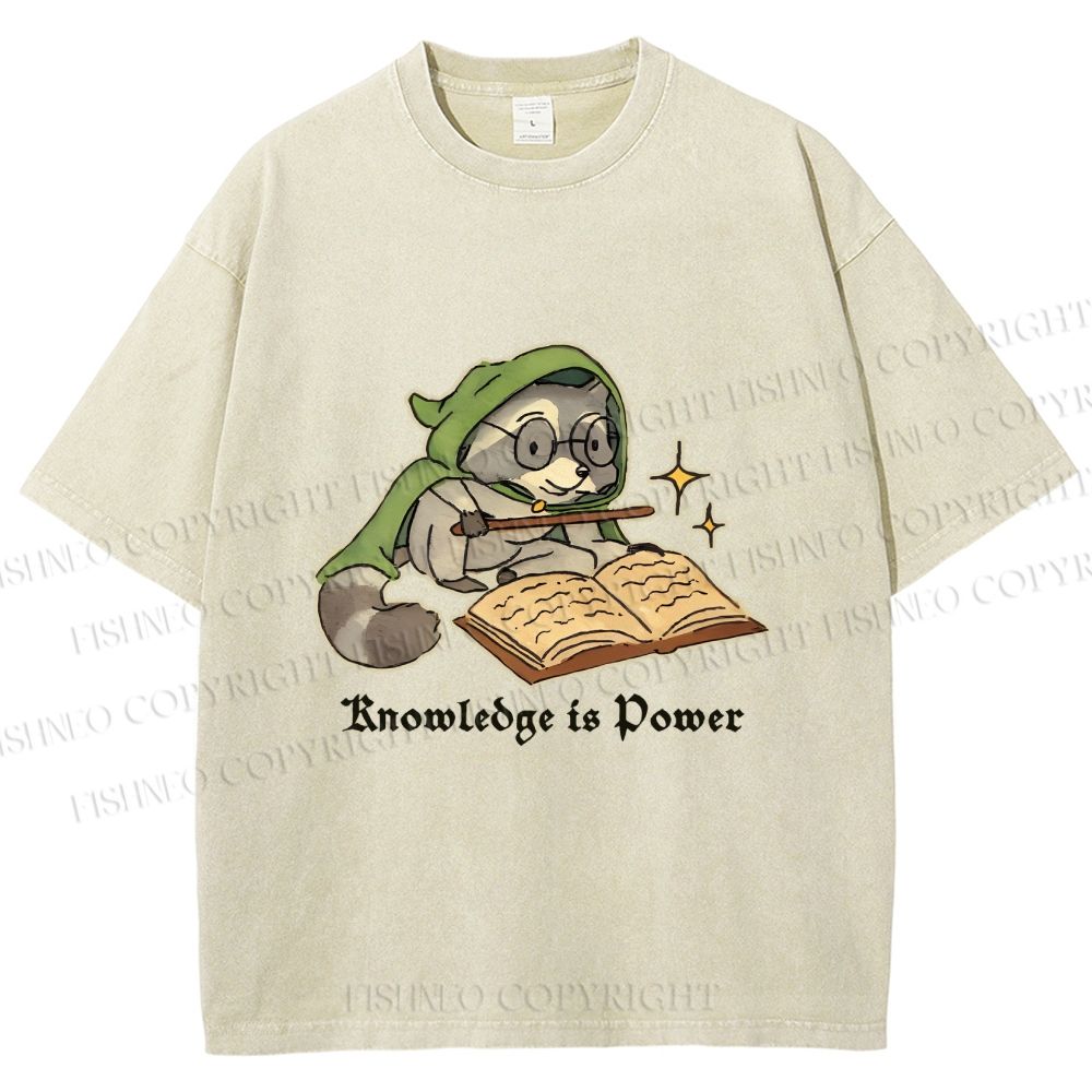 Unisex Raccoon Knowledge Is Power Printed Washed Tee