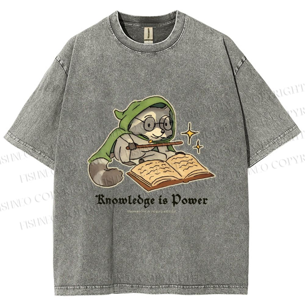 Unisex Raccoon Knowledge Is Power Printed Washed Tee