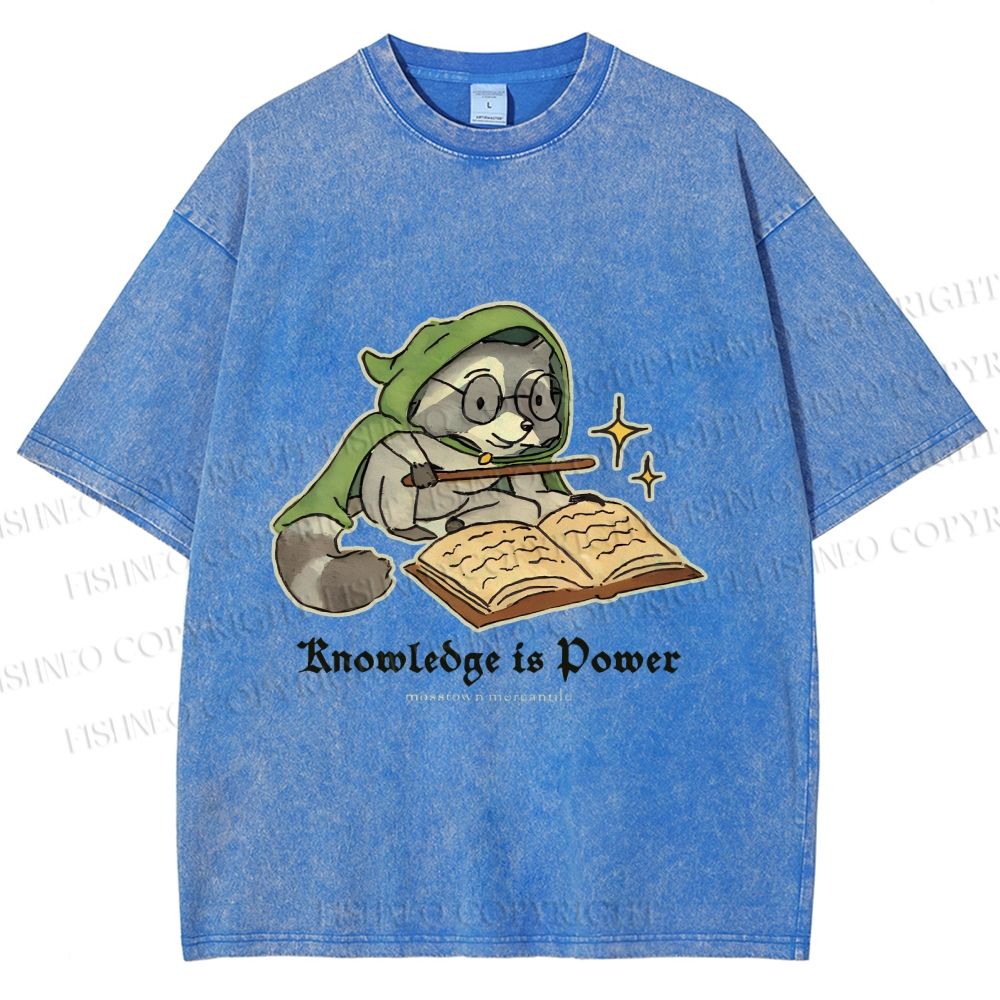 Unisex Raccoon Knowledge Is Power Printed Washed Tee