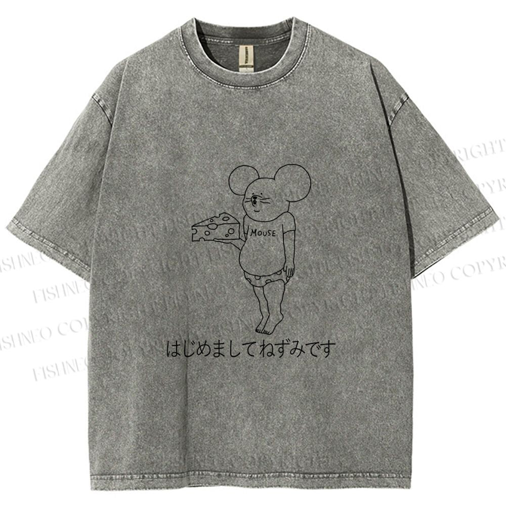 Unisex Funny Cheese Rat Printed Washed Tee