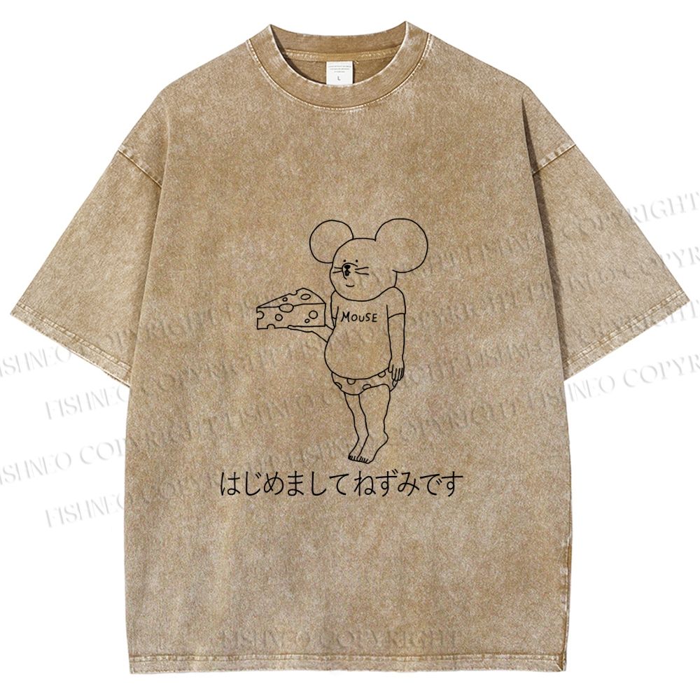 Unisex Funny Cheese Rat Printed Washed Tee