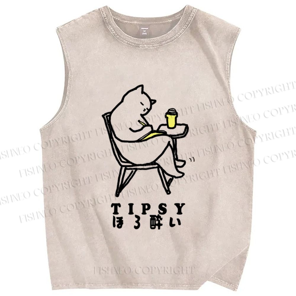 Unisex Tipsy Cat Chill Printed Washed Tank Top