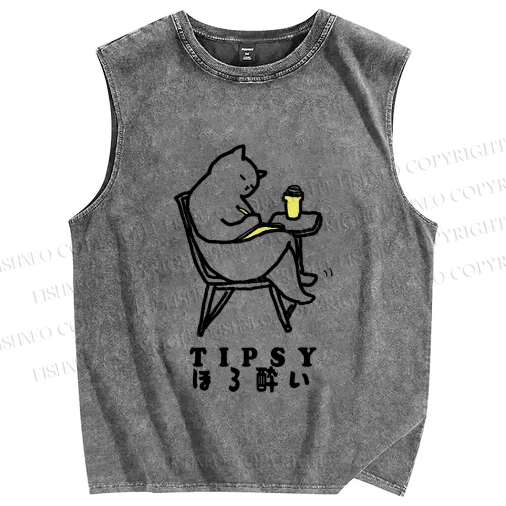 Unisex Tipsy Cat Chill Printed Washed Tank Top