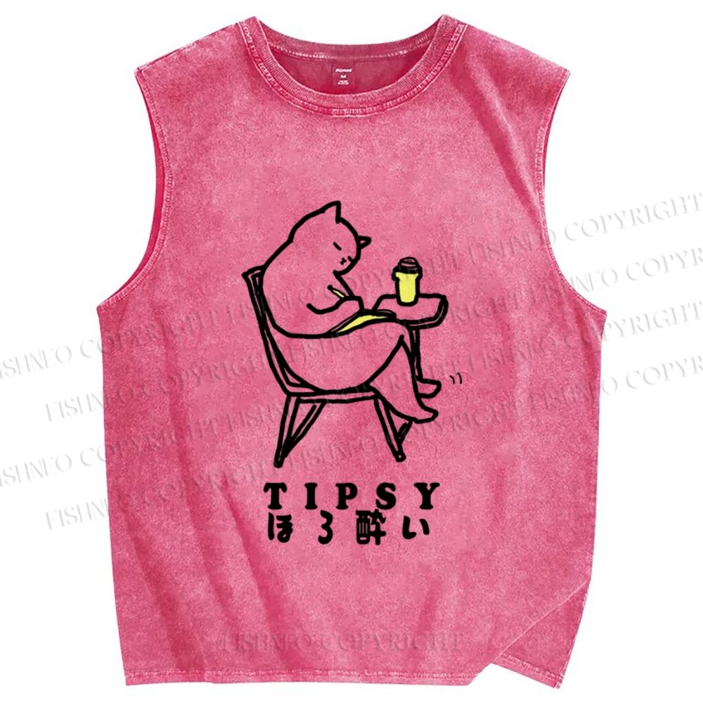 Unisex Tipsy Cat Chill Printed Washed Tank Top