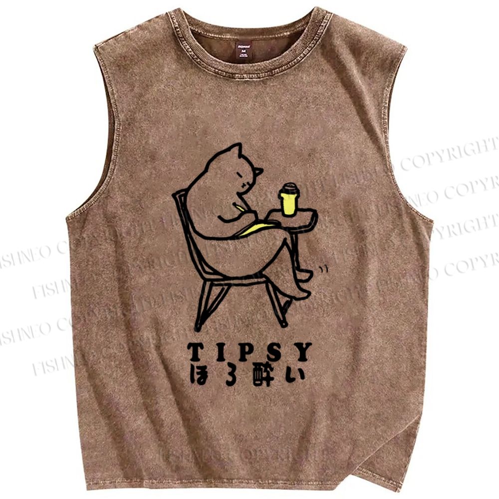Unisex Tipsy Cat Chill Printed Washed Tank Top