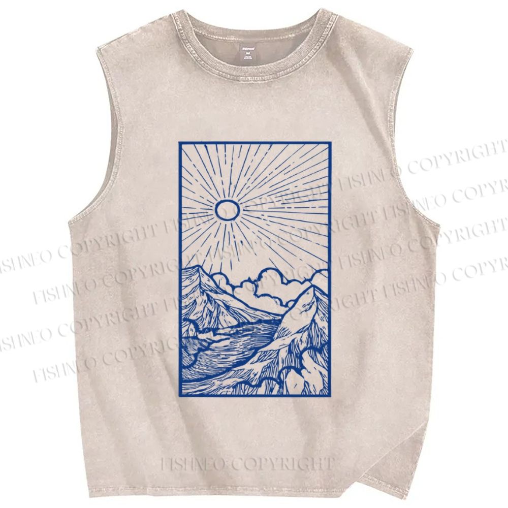 Unisex Vintage Wave Sunrise Printed Washed Tank Top