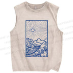 Unisex Vintage Wave Sunrise Printed Washed Tank Top