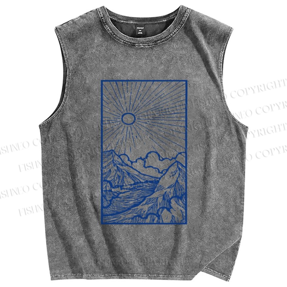 Unisex Vintage Wave Sunrise Printed Washed Tank Top