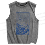 Unisex Vintage Wave Sunrise Printed Washed Tank Top