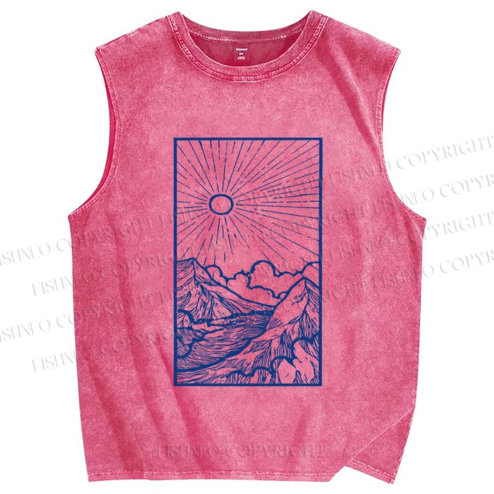 Unisex Vintage Wave Sunrise Printed Washed Tank Top