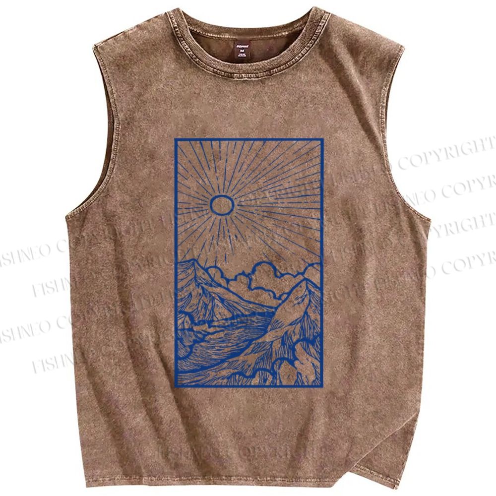 Unisex Vintage Wave Sunrise Printed Washed Tank Top