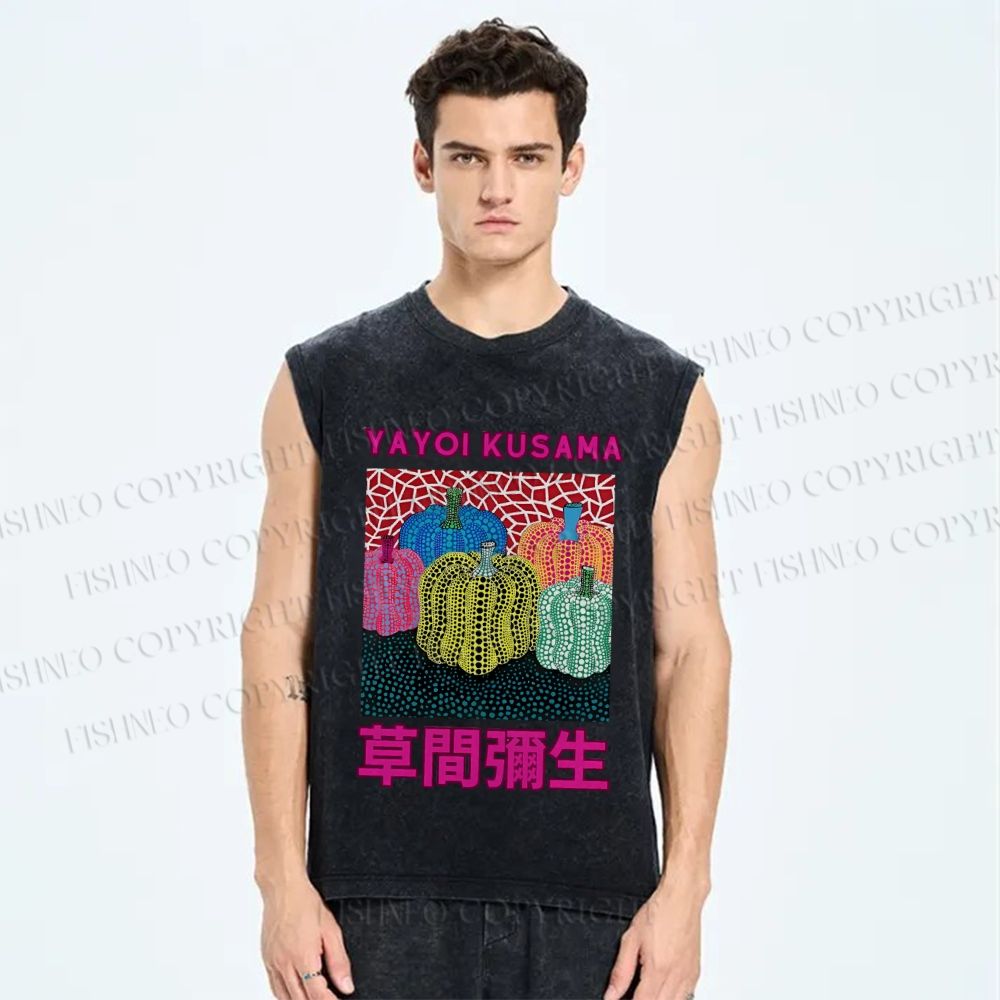 Unisex Yayoi Kusama Pumpkin Printed Washed Tank Top