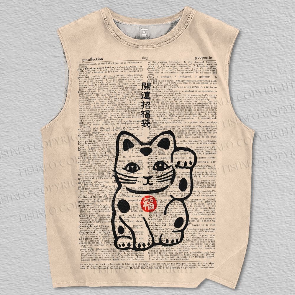 Unisex Vintage Japanese Fortune Cat Printed Tank Top