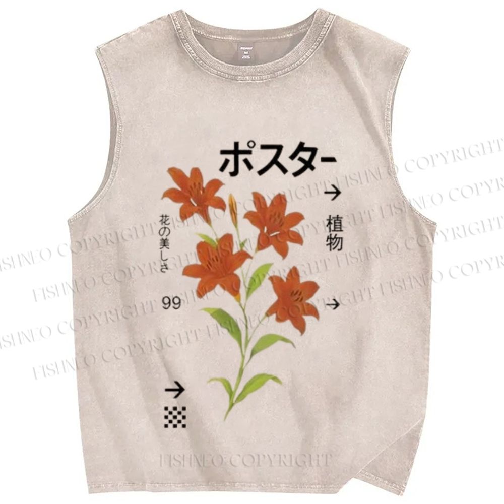 Unisex Japanese Lily Printed Washed Tank Top