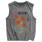Unisex Japanese Lily Printed Washed Tank Top