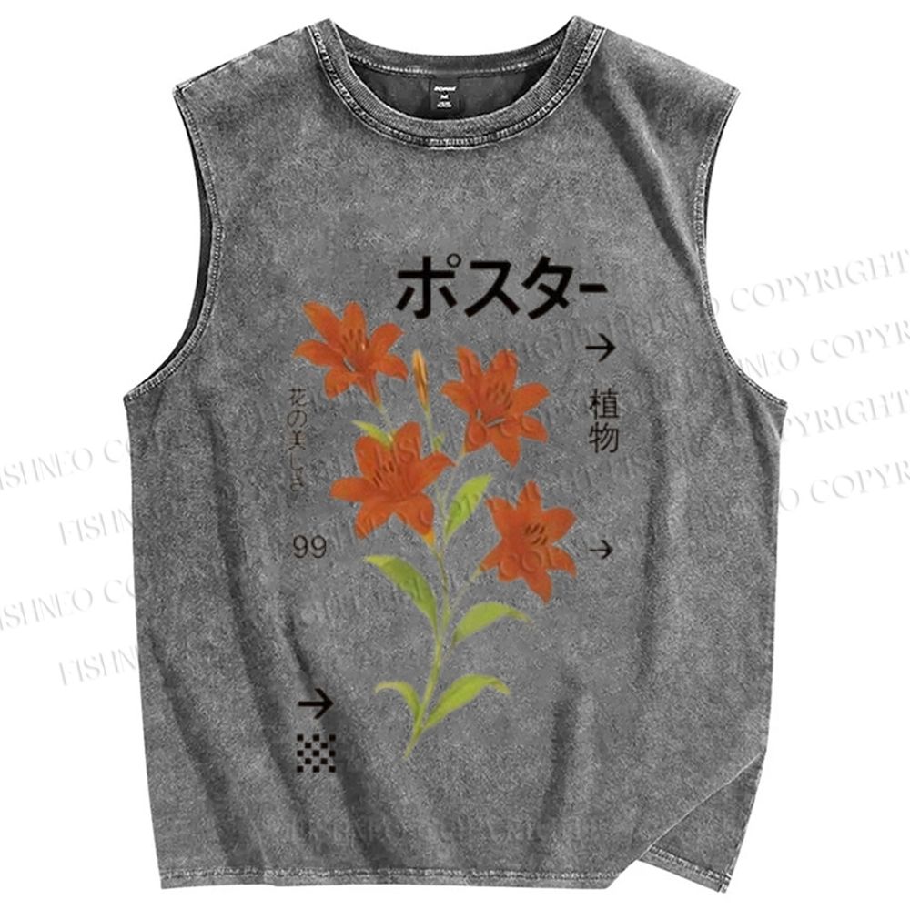 Unisex Japanese Lily Printed Washed Tank Top