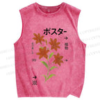 Unisex Japanese Lily Printed Washed Tank Top