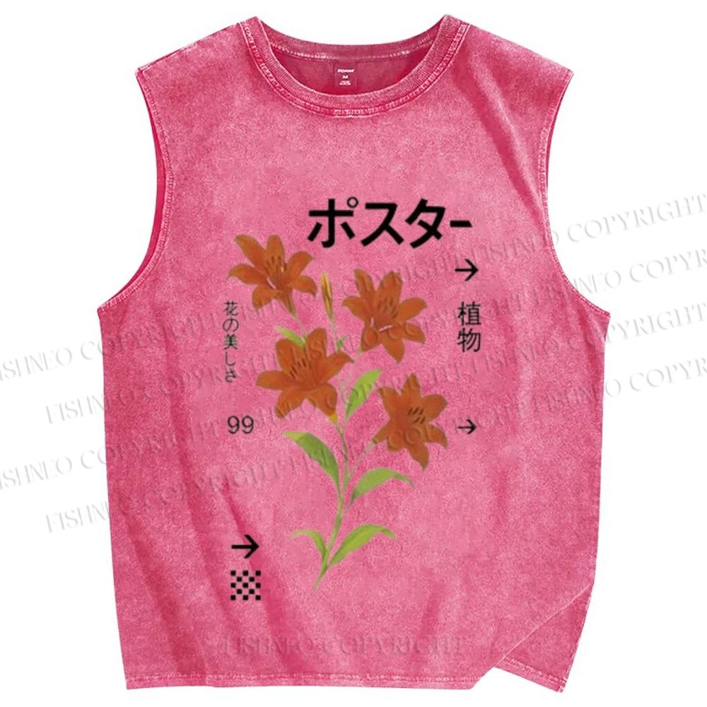 Unisex Japanese Lily Printed Washed Tank Top