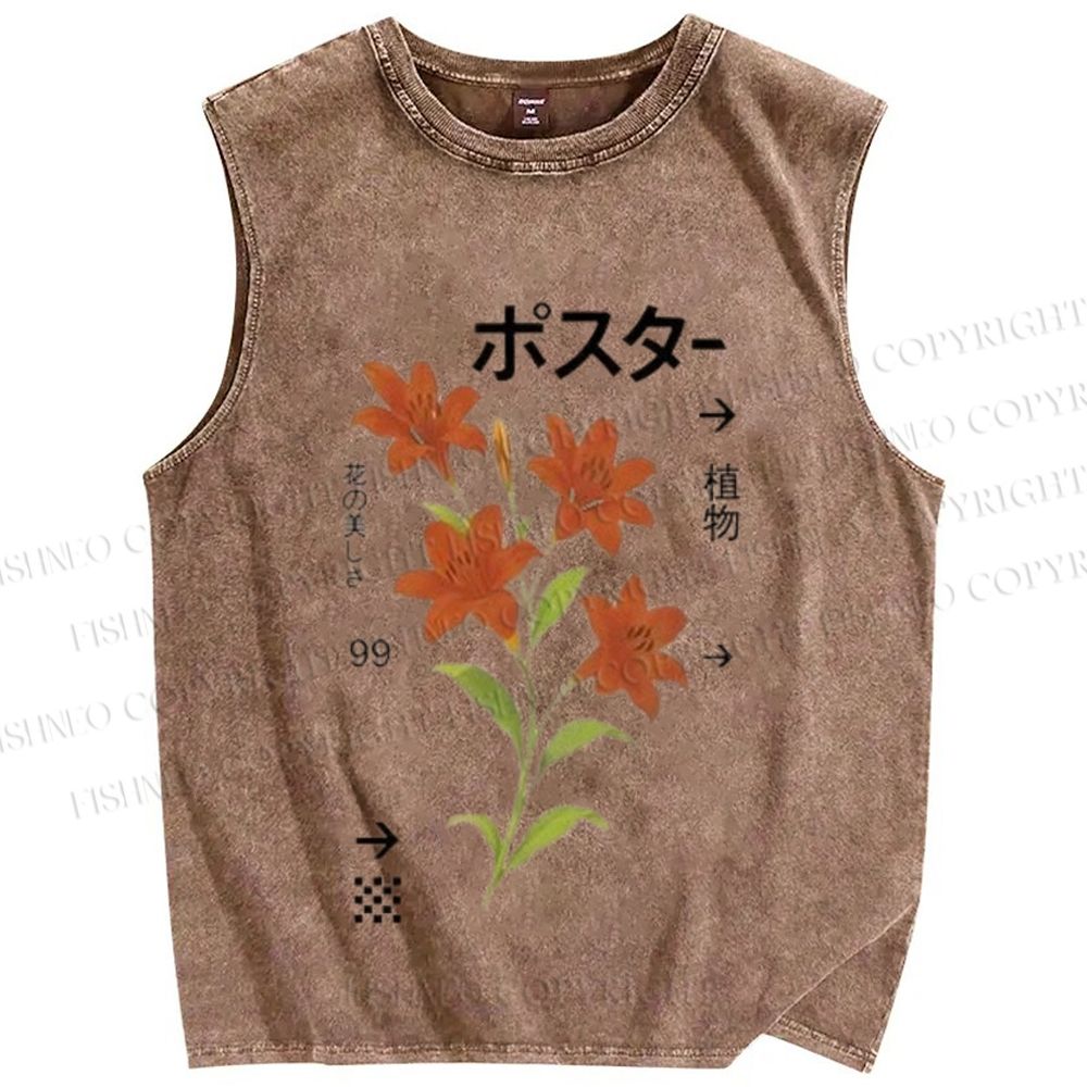Unisex Japanese Lily Printed Washed Tank Top