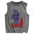 Unisex Fresh Fish Printed Washed Tank Top