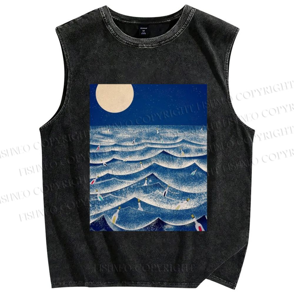 Unisex Wave And Drift Bottle Printed Washed Tank Top