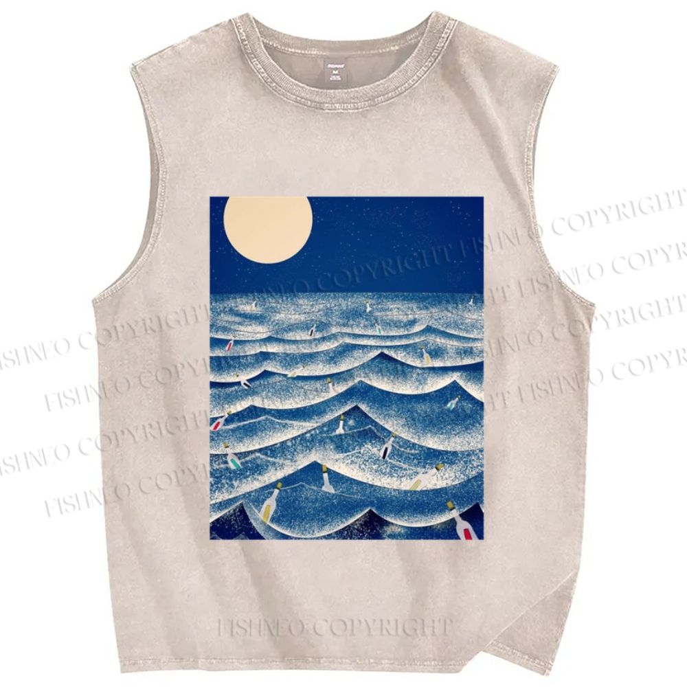 Unisex Wave And Drift Bottle Printed Washed Tank Top