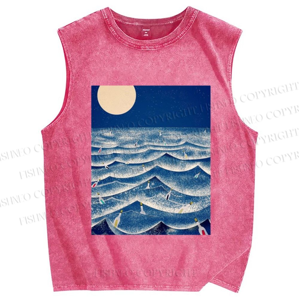 Unisex Wave And Drift Bottle Printed Washed Tank Top