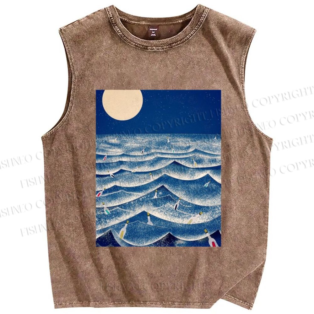 Unisex Wave And Drift Bottle Printed Washed Tank Top
