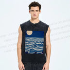 Unisex Wave And Drift Bottle Printed Washed Tank Top