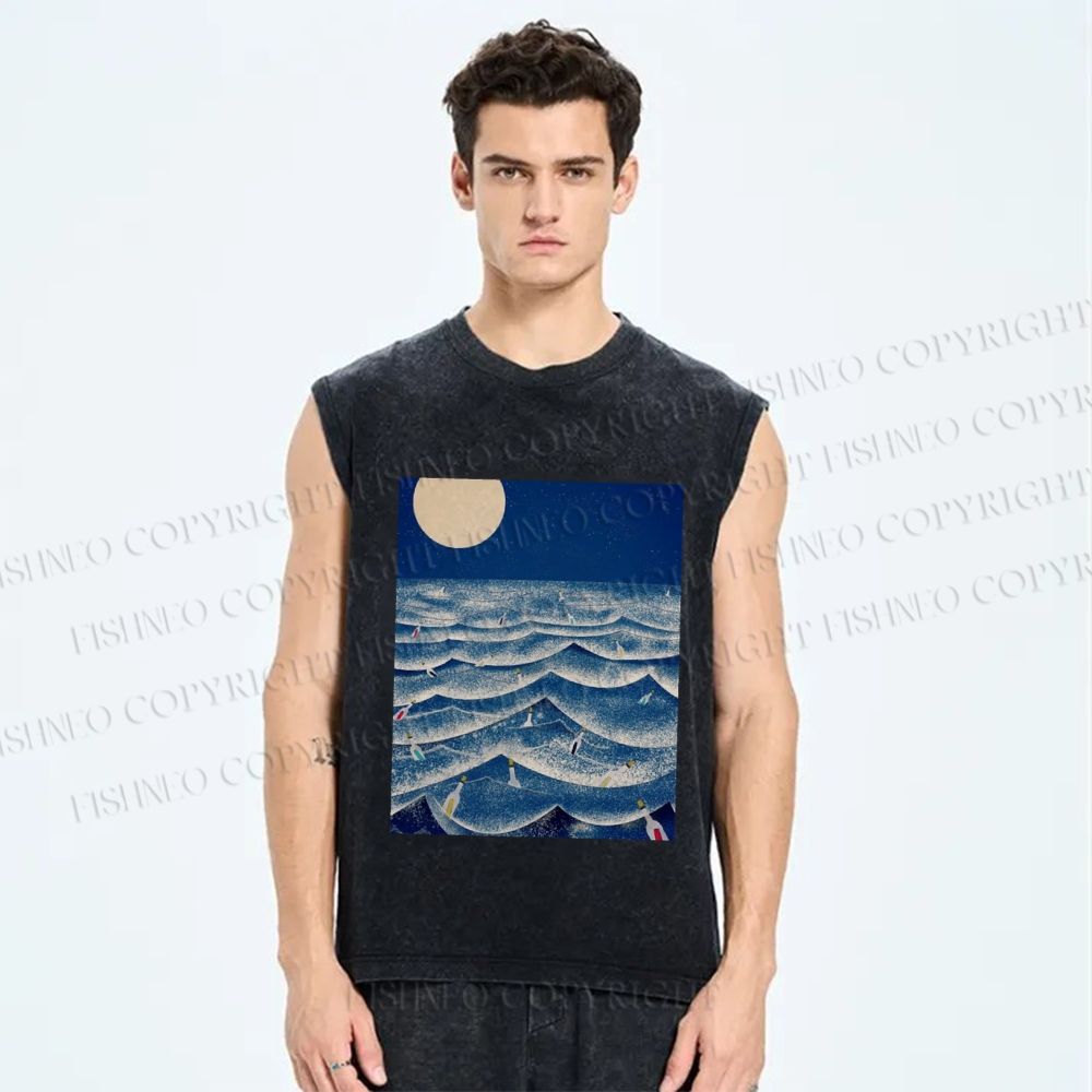 Unisex Wave And Drift Bottle Printed Washed Tank Top