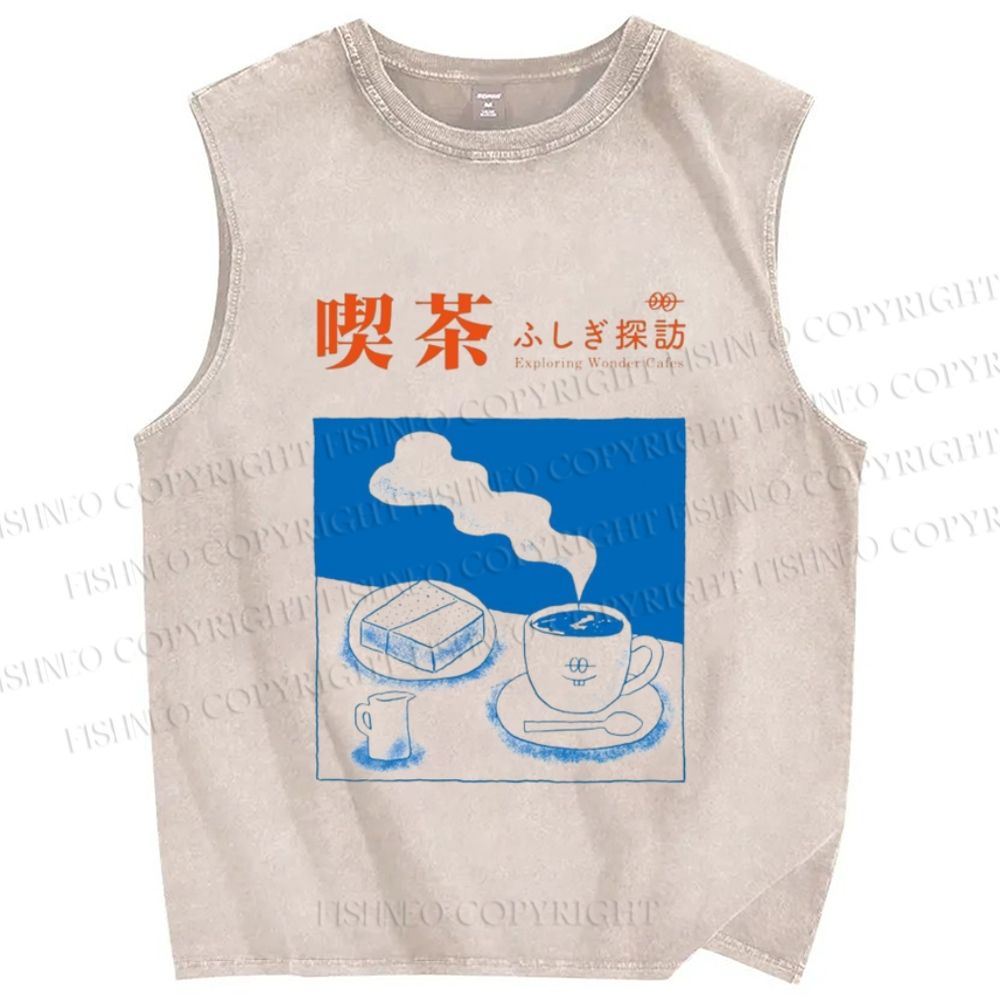 Unisex Exploring Wonder Cafes Printed Washed Tank Top